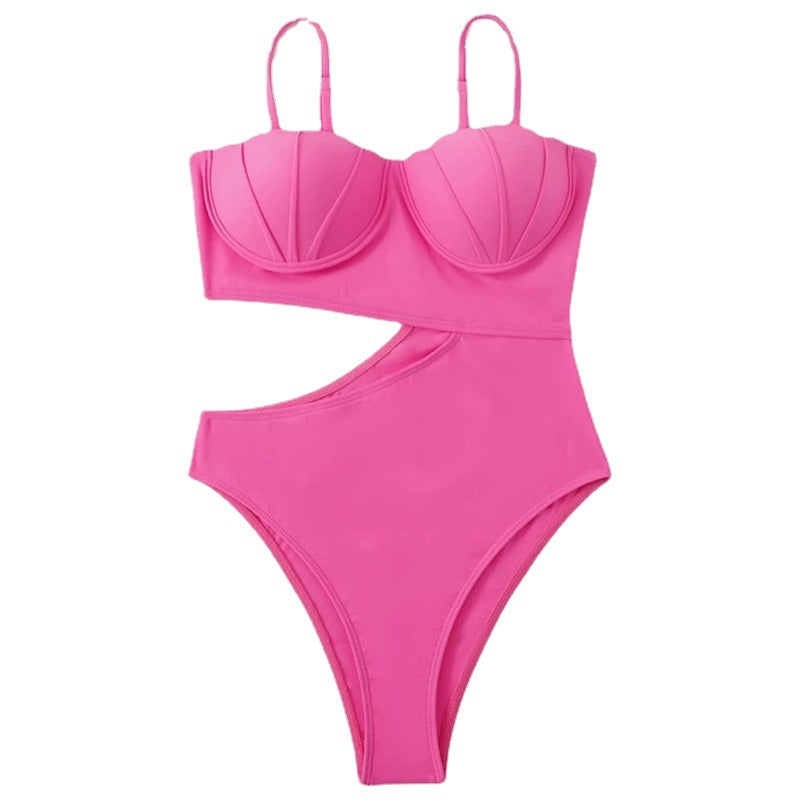 2022 Europe And The United States New Solid Color One-piece Swimsuit Women's Sexy Plastic Stitching Thin Amazon Foreign Trade Bikini
