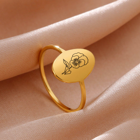 Stainless Steel Simple Style December Flower Birth Flower December Flower Oval Ring Furnace Vacuum Electroplating 18K Real Gold