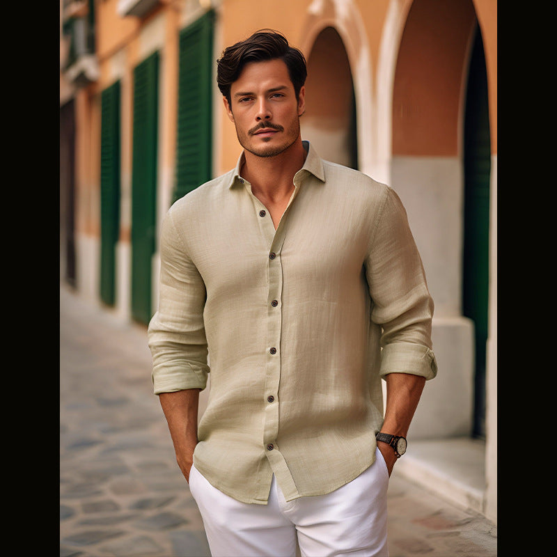 Pure Color Men's Medieval Retro Cotton And Linen Lapel Shirt