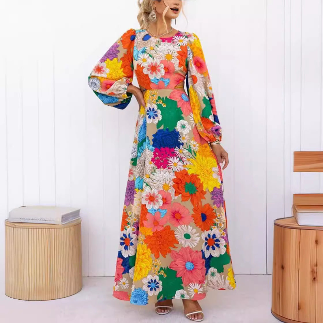 Autumn New Long Sleeve Dopamine Print Lace-up Waist Holiday Street Fashion Dress For Women