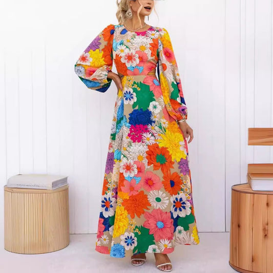 Autumn New Long Sleeve Dopamine Print Lace-up Waist Holiday Street Fashion Dress For Women