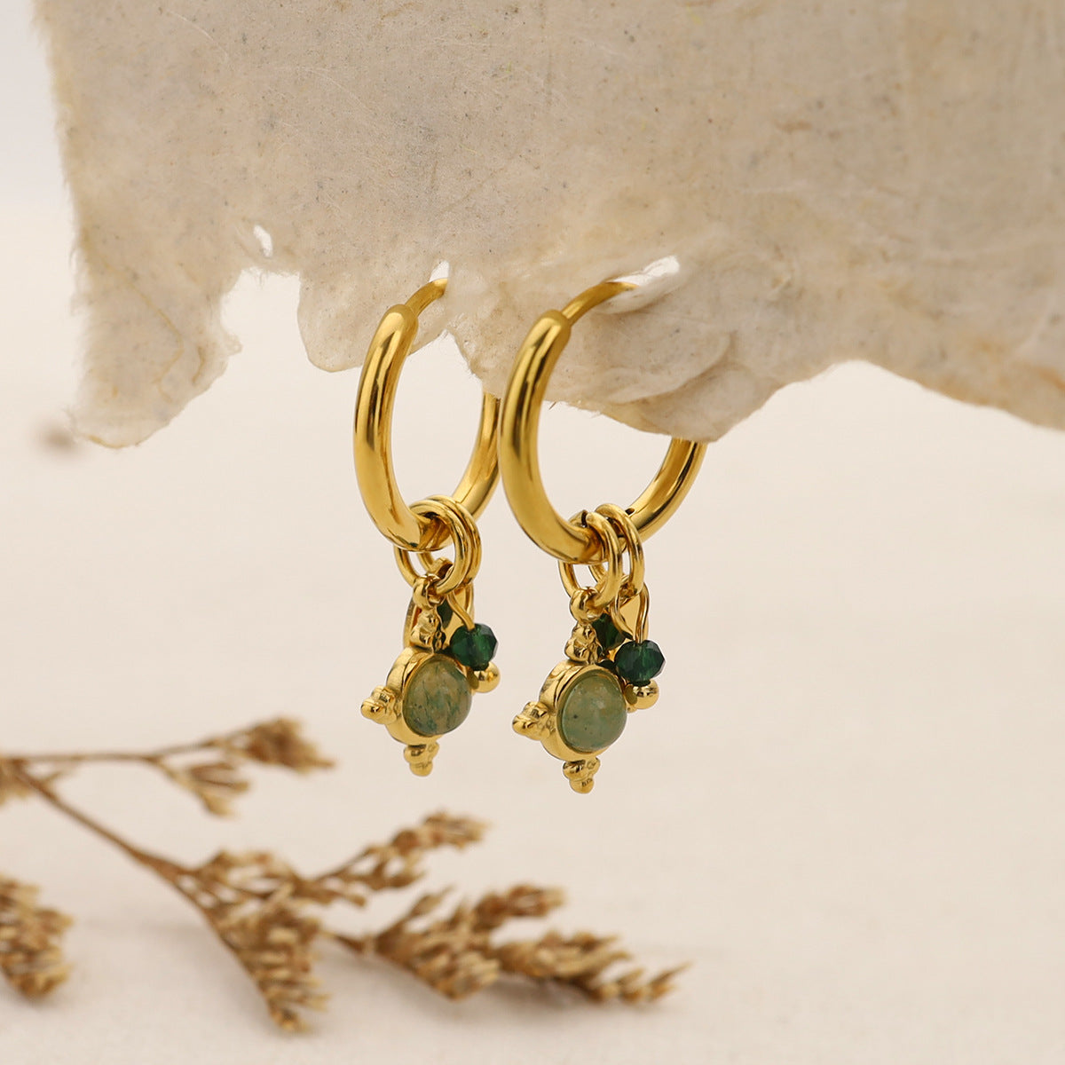 Cross-border INS Wind Dongling Jade Natural Stone Pendant Ear Buckle 18K Gold-plated Non-fading High-grade Earring Titanium Steel Earrings