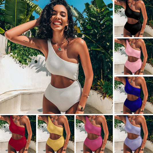 Swimming River New Swimsuit European And American Sexy Bikini Swimsuit Ladies One-shoulder One-piece High Waist Solid Color Bikini