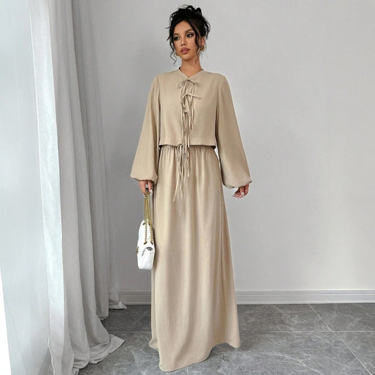 Vintage Artistic Long Sleeve Suspender Dress Suit Female Spring