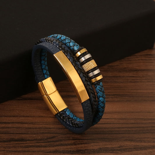 Men&#039;s Stainless Steel Bracelet Hand-woven Leather Magnetic Buckle Titanium Steel Bracelet Jewelry