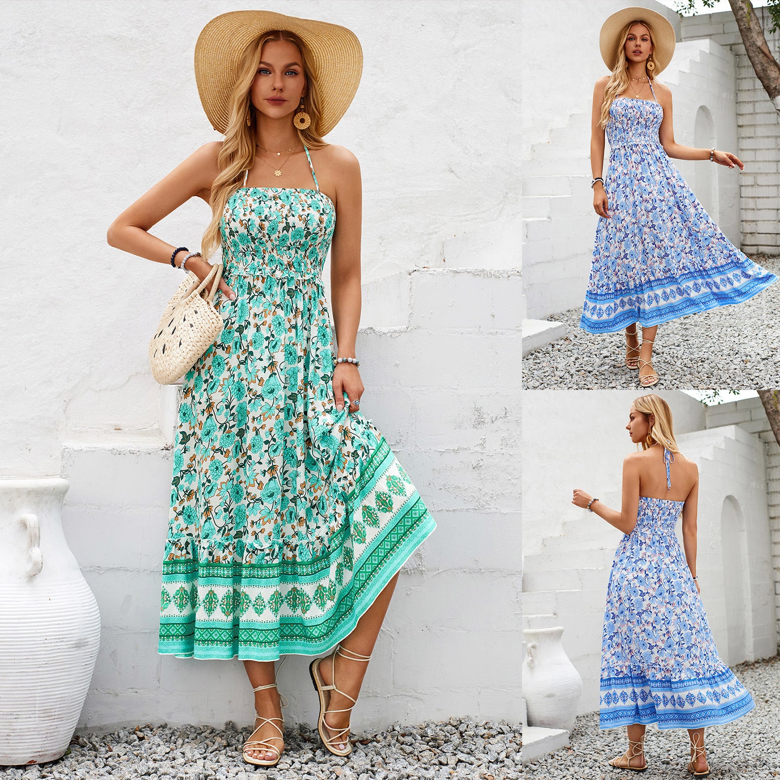 Shanuo Self-developed And Designed Amazon European And American Women&#039;s Clothing Bohemian Style Printed Halter For Dress