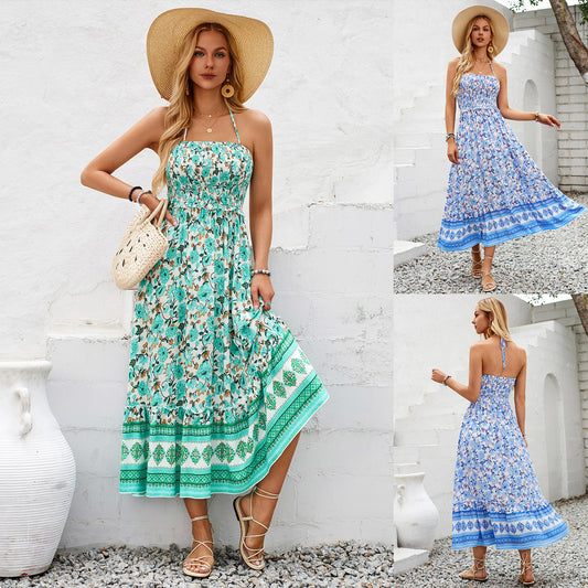 Shanuo Self-developed And Designed Amazon European And American Women&#039;s Clothing Bohemian Style Printed Halter For Dress