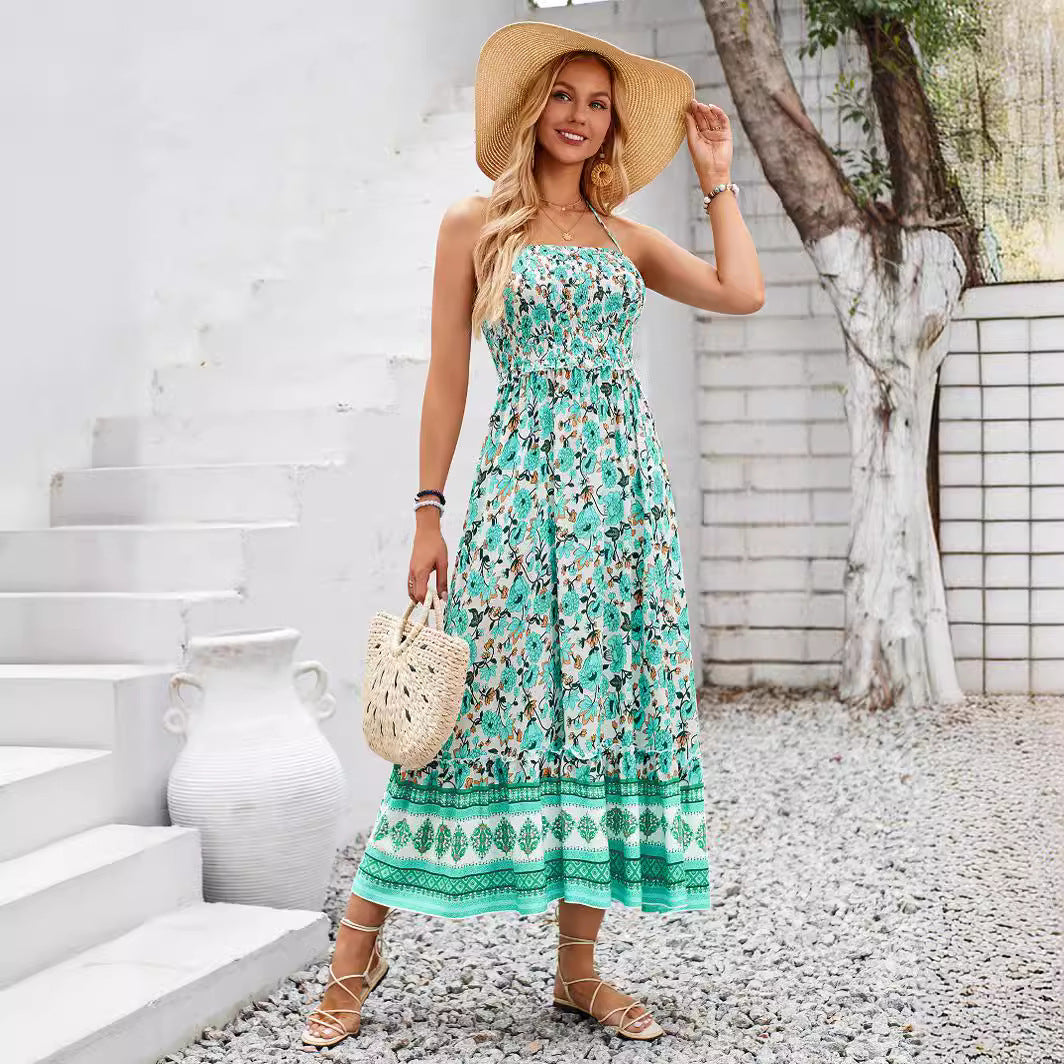 Shanuo Self-developed And Designed Amazon European And American Women&#039;s Clothing Bohemian Style Printed Halter For Dress