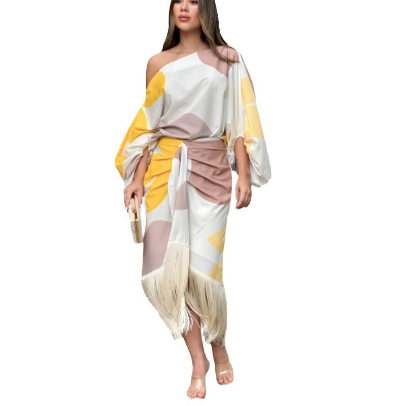 New Printed Lantern Sleeve Loose Top Tassel Hem Skirt Women&#039;s Two-piece