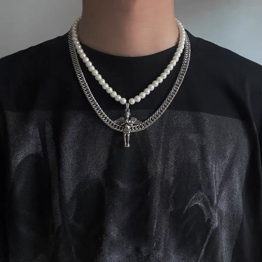 Pearl Angel Double-layer Stitching Titanium Steel Couple High-grade Cross All-match Fashionable Ins Necklace For Men And Women