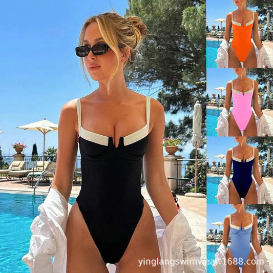 2025 New Solid Color French Retro One-piece Swimsuit Sexy Gathered Tight Swimsuit European And American Foreign Trade