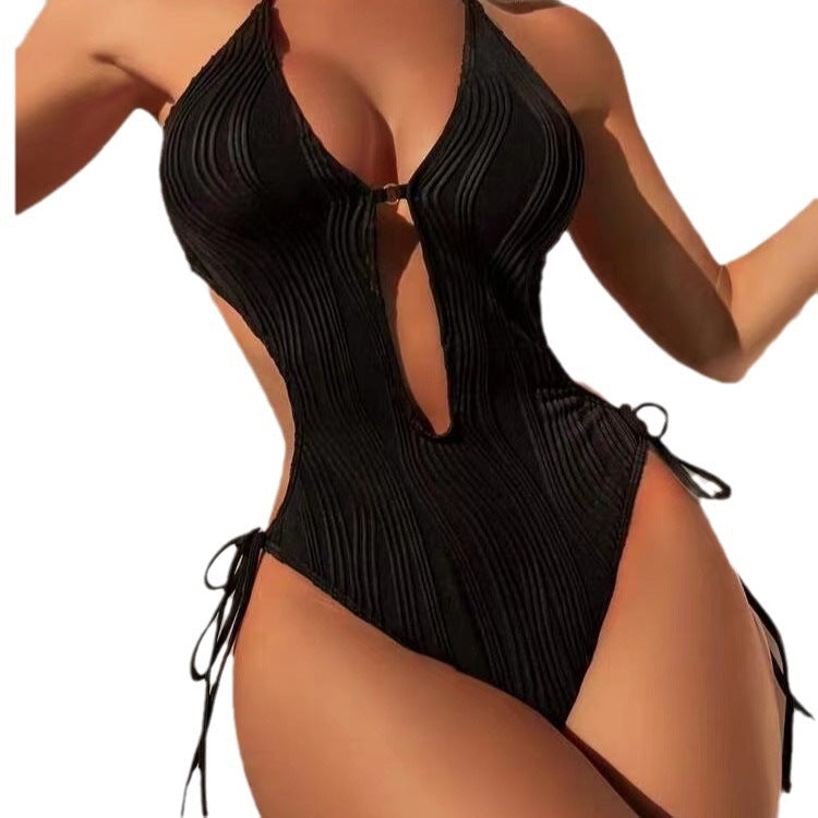 2024 European And American Solid Color Backless Hanging Neck Crossover Bikini Lace-up Slim Cross-border Beach Sexy Swimsuit