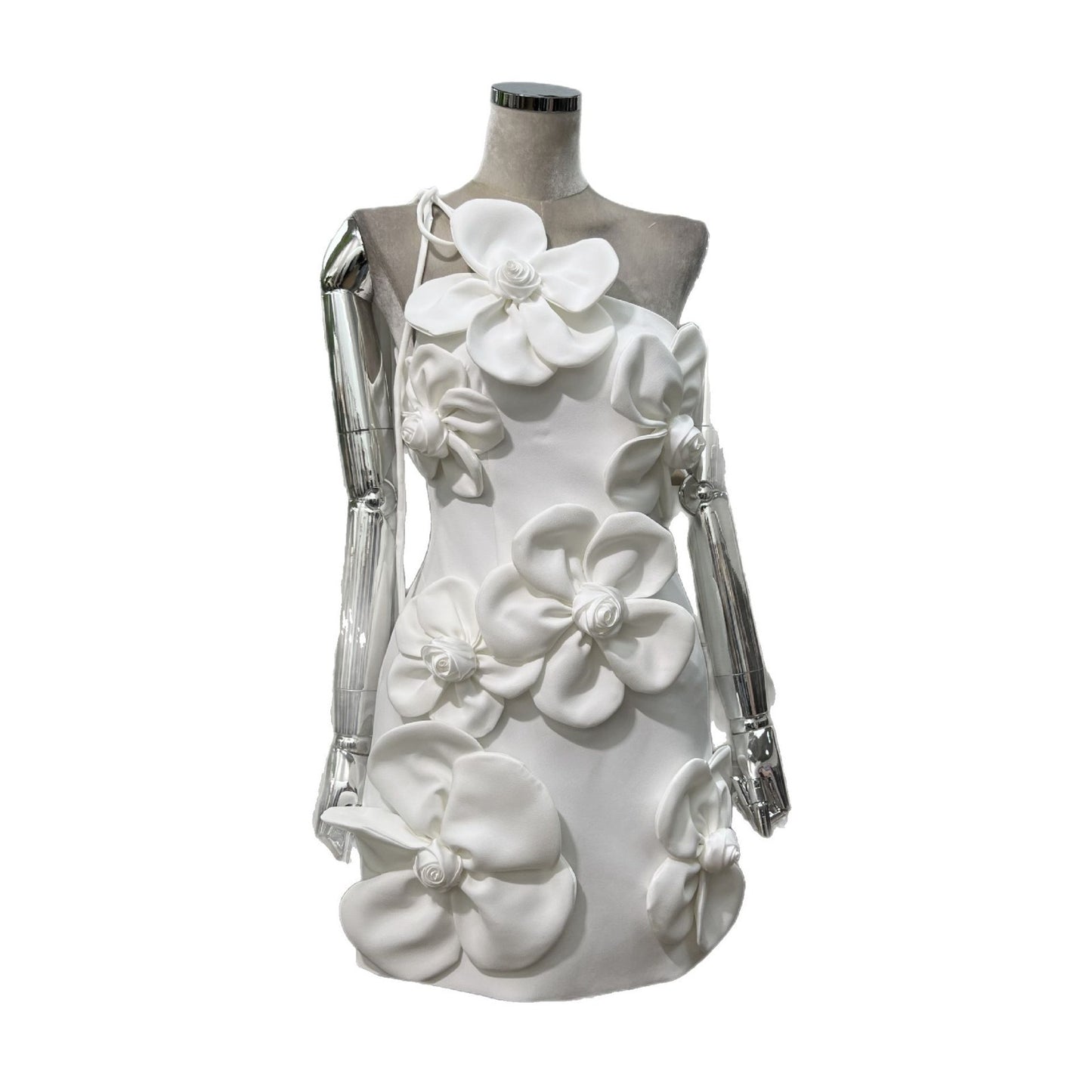 Summer PARTY Gentle Foreign-style Hand-stitched Flowers One-shoulder Slim-fit Dress Rich Women&#039;s Age-reducing Lace-up Dress