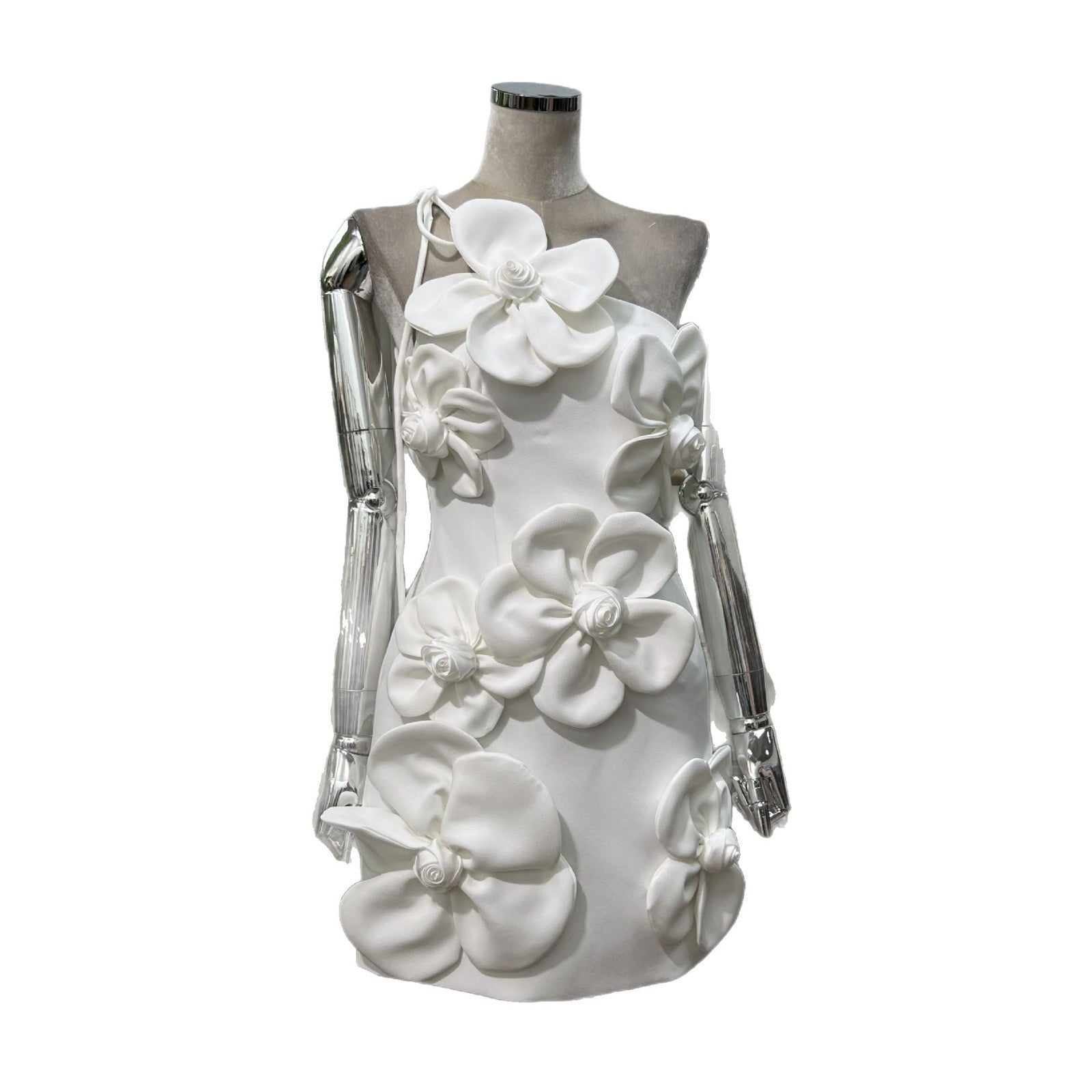 Summer PARTY Gentle Foreign-style Hand-stitched Flowers One-shoulder Slim-fit Dress Rich Women&#039;s Age-reducing Lace-up Dress