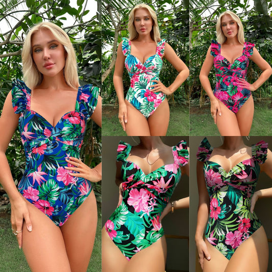 2025 New Arrival Printed Auricularia Multicolor Leaky Back Piece Bikini Swimsuit For Women
