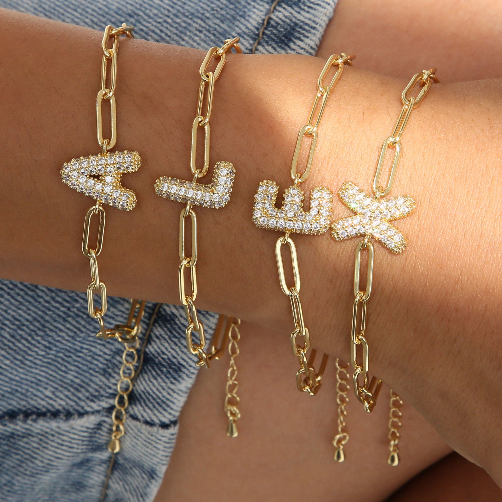 26 English Balloon Bubble Letters Full Of Zirconium Fashion Paper Clip Bracelet Extension Chain