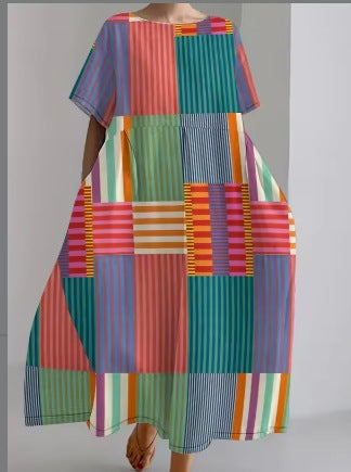 Round Neck Fashion Premium Short Sleeve Printed Dress