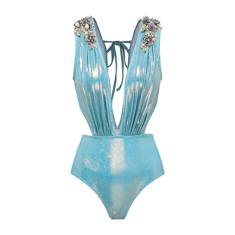 2024 Europe And The United States New Amazon AliExpress V-neck Backless Strap Sexy One-piece Swimsuit Women's Cross-border Explosions