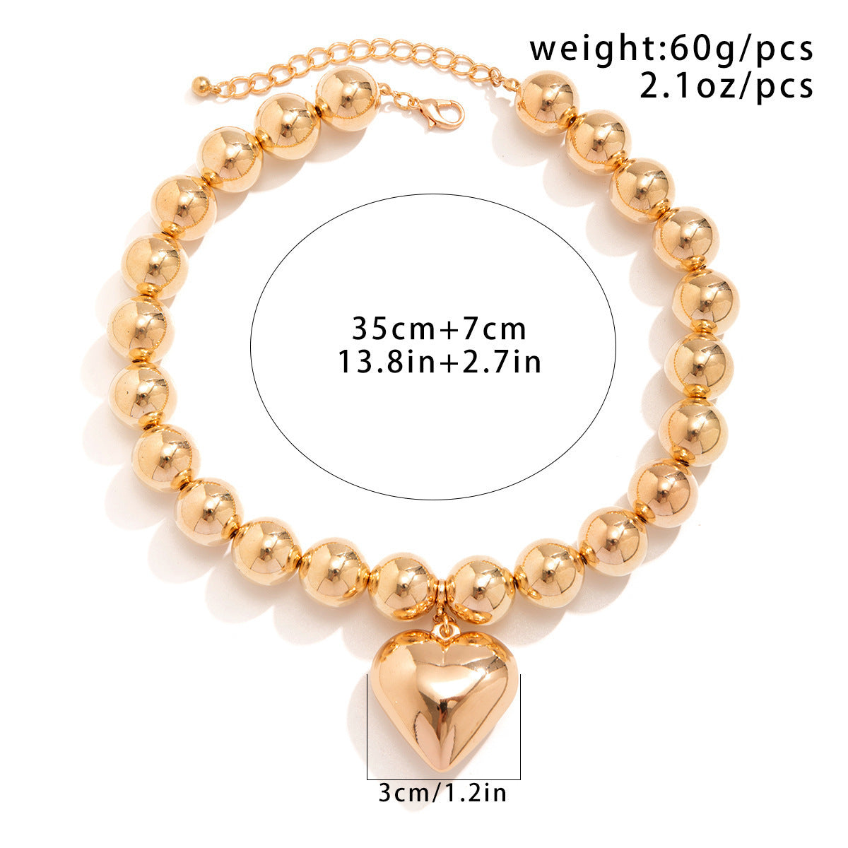 Amazon Hip-hop Retro Exaggerated Round Bead Chain Big Heart Pendant Fashion Personality Necklace Jewelry Wholesale