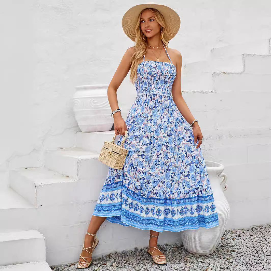 Shanuo Self-developed And Designed Amazon European And American Women&#039;s Clothing Bohemian Style Printed Halter For Dress