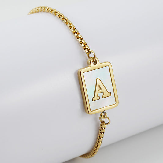Titanium Steel Natural Shell 26 Letters Lara Bracelet Women Cross Border Stainless Steel Square 18K Gold Adjuvable Bracelet