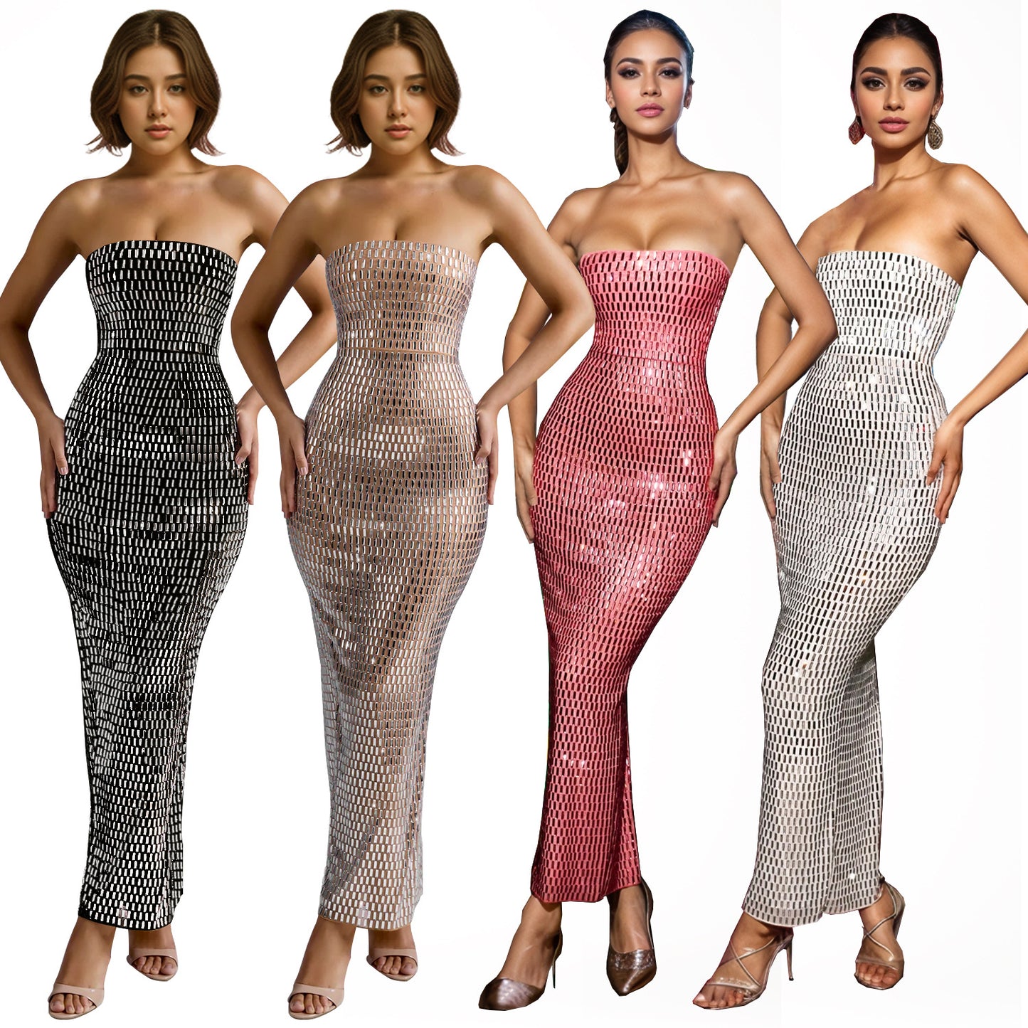 Fashion Women&#039;s Solid Color Rhinestone Sleeveless Dress Long