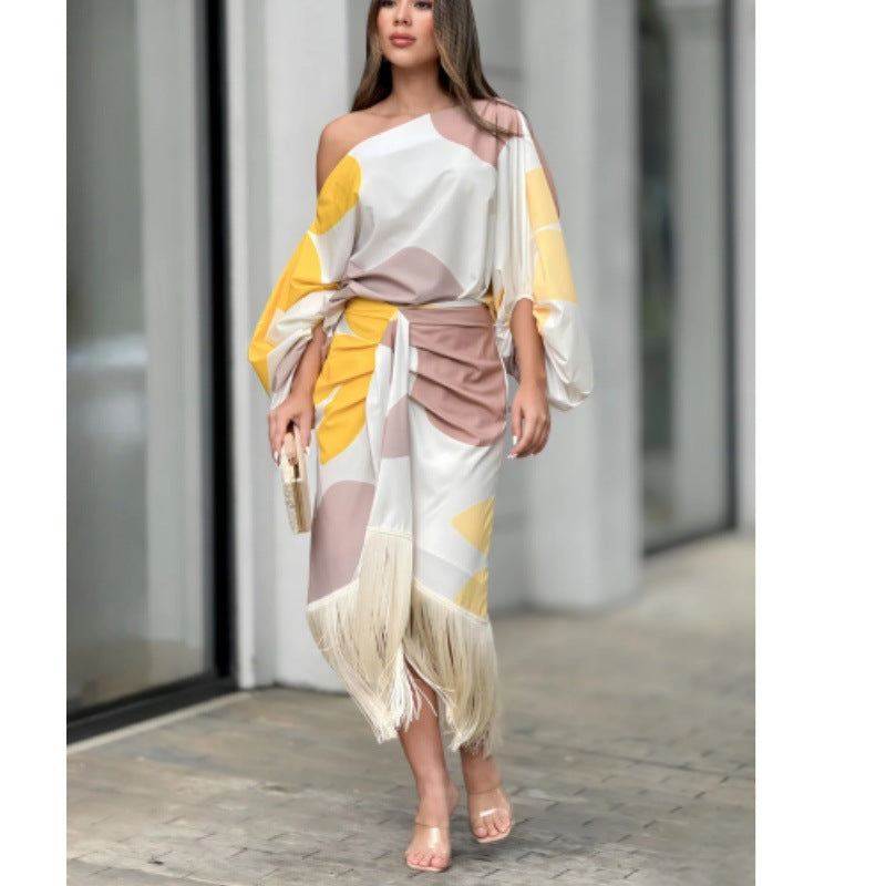 New Printed Lantern Sleeve Loose Top Tassel Hem Skirt Women&#039;s Two-piece