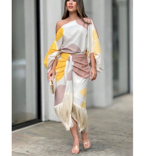 New Printed Lantern Sleeve Loose Top Tassel Hem Skirt Women&#039;s Two-piece