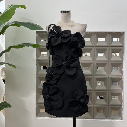 Summer PARTY Gentle Foreign-style Hand-stitched Flowers One-shoulder Slim-fit Dress Rich Women&#039;s Age-reducing Lace-up Dress