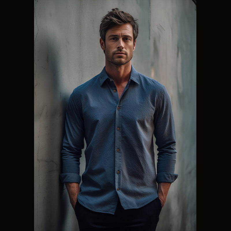 Pure Color Men's Medieval Retro Cotton And Linen Lapel Shirt