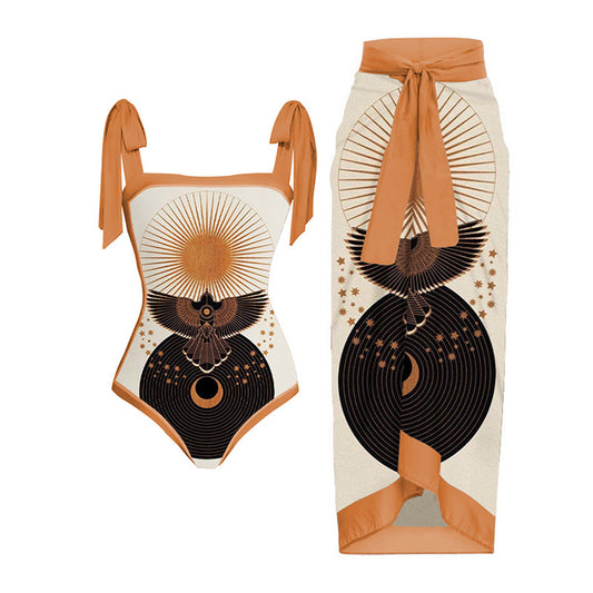 2023 European And American One-piece Conservative Belly-covering Slimming Backless Lace-up Skirt New Swimsuit Women's Chiffon Beach Skirt
