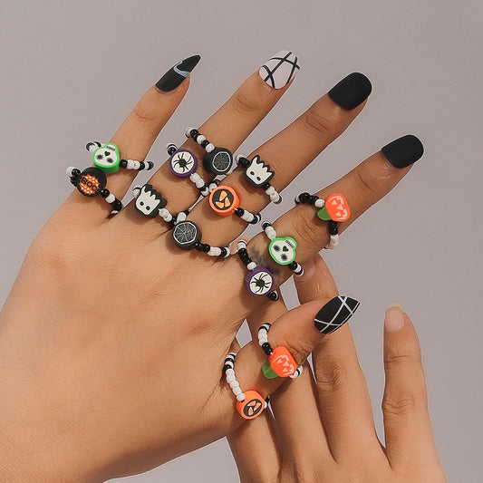 European And American Cross-border Jewelry Halloween Rice Bead Ring Suit Personalized Cartoon Pumpkin Ghost Exaggerated Ring Bracelet