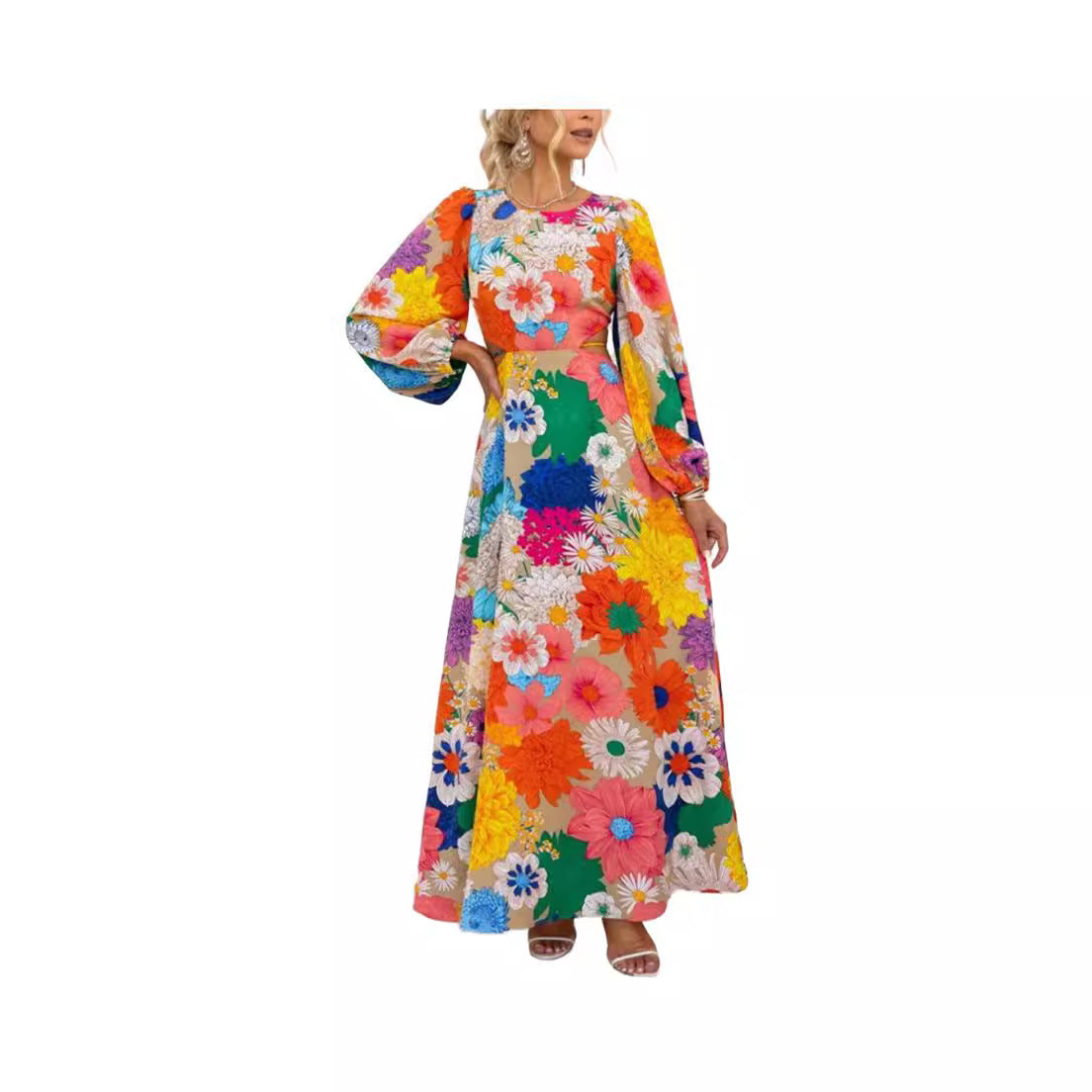 Autumn New Long Sleeve Dopamine Print Lace-up Waist Holiday Street Fashion Dress For Women