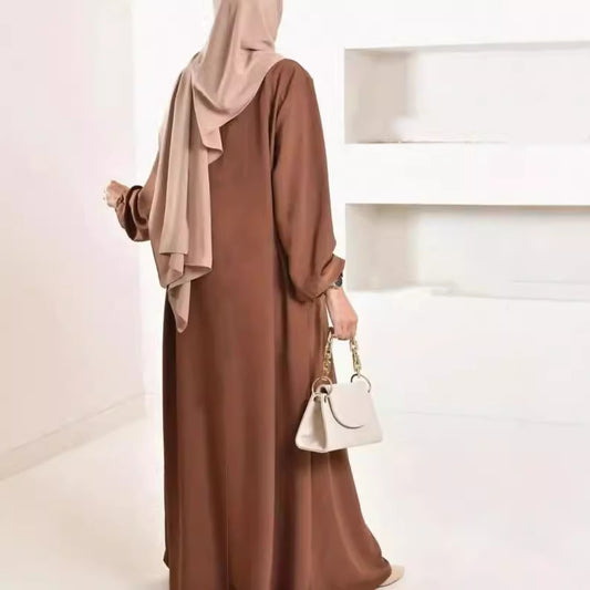 Muslim Robe Women Fashion Casual Solid Color Round Neck Long Sleeve Dress