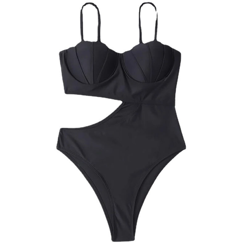 2022 Europe And The United States New Solid Color One-piece Swimsuit Women's Sexy Plastic Stitching Thin Amazon Foreign Trade Bikini