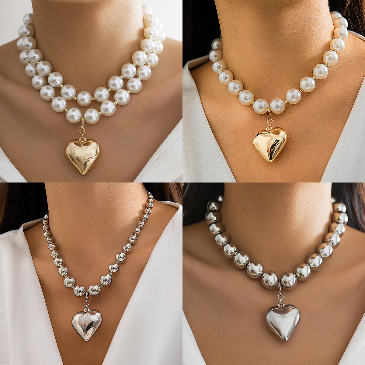 Amazon Hip-hop Retro Exaggerated Round Bead Chain Big Heart Pendant Fashion Personality Necklace Jewelry Wholesale