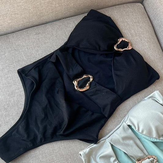 2025 One-piece Swimsuit Women's New European And American Sexy Bikini Hollow Metal Solid Color Cross-border Swimsuit Bikini