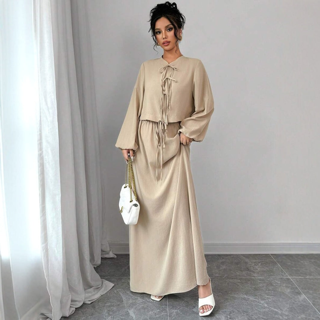 Vintage Artistic Long Sleeve Suspender Dress Suit Female Spring