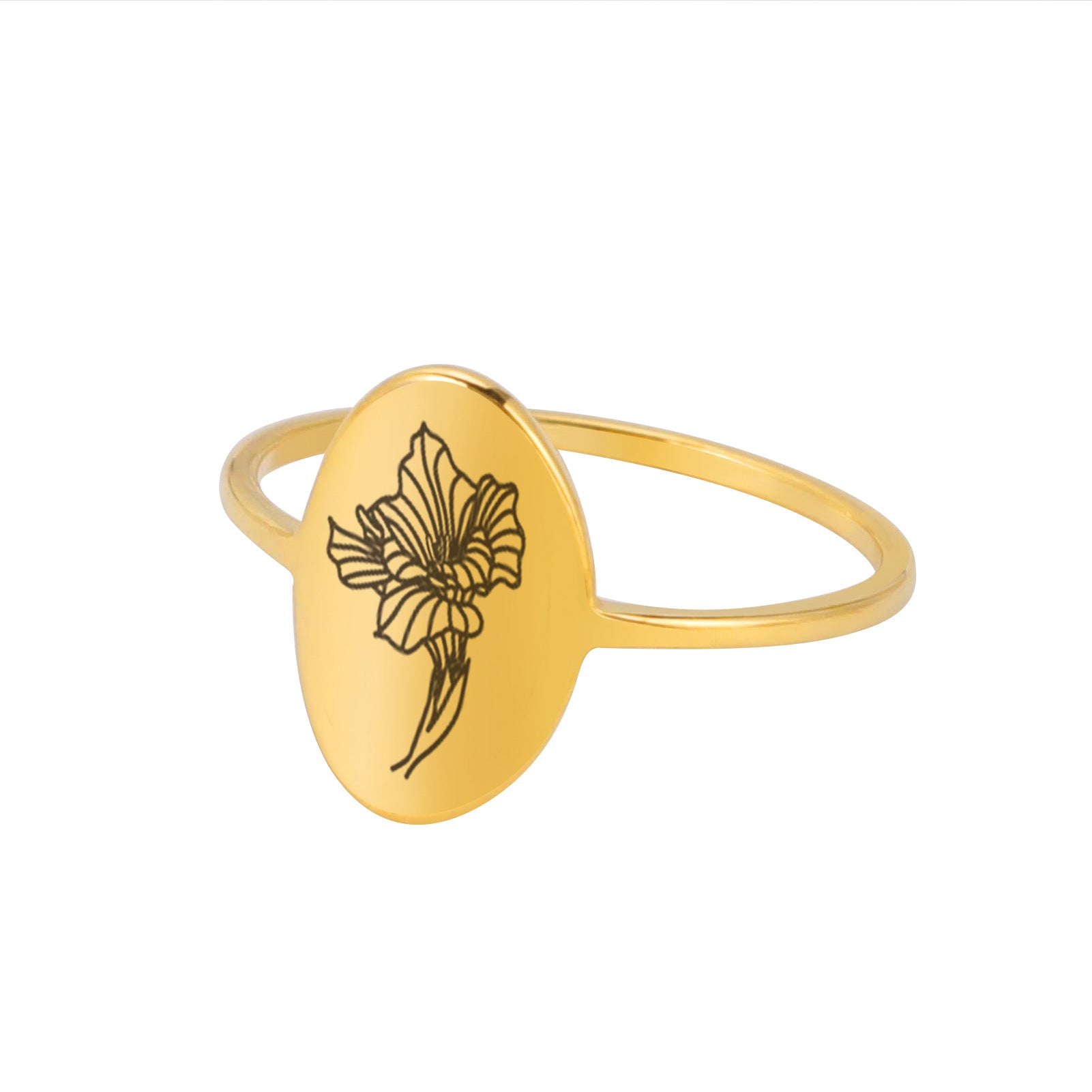 Stainless Steel Simple Style December Flower Birth Flower December Flower Oval Ring Furnace Vacuum Electroplating 18K Real Gold