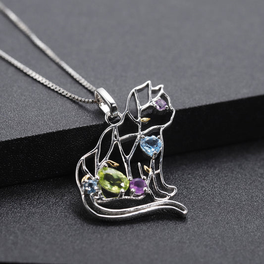 925 Silver Inlaid Natural Color Treasure Necklace Pendant