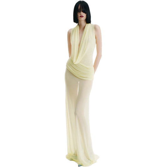 Sexy Swing Collar Mesh See-through Long Dress