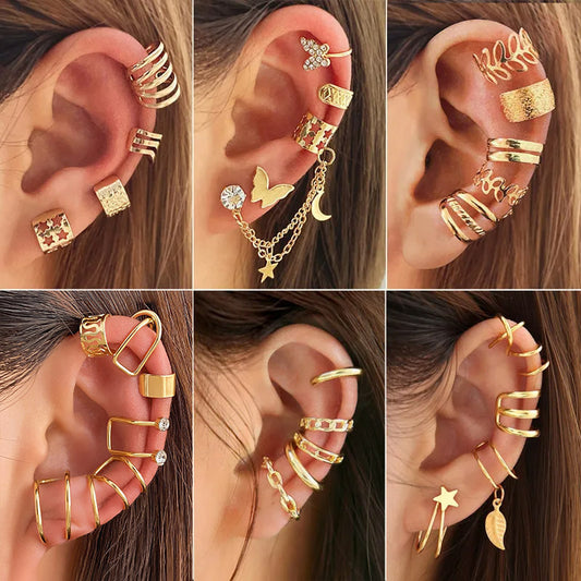 Five-piece Suit Rhinestone Butterfly Hollow Non-piercing Cartilage Earrings Fashion Star And Moon Integrated Chain Ear Clip