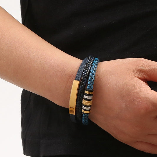 Men&#039;s Stainless Steel Bracelet Hand-woven Leather Magnetic Buckle Titanium Steel Bracelet Jewelry
