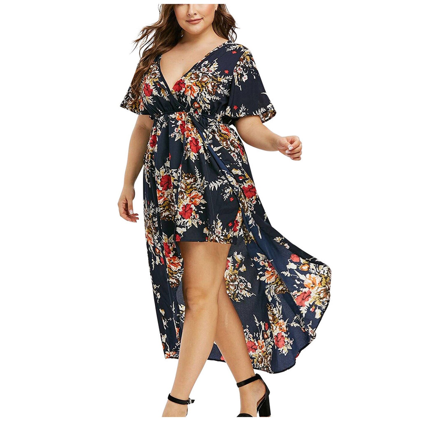 New Women's Loose Slimming V-neckline Flower Print Plus Size Dress