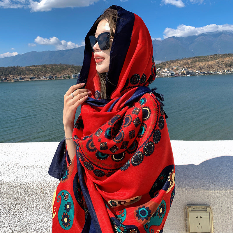 Ethnic Style Sun Protection Talma Tibet Desert Travel Thin Holiday Silk Scarf