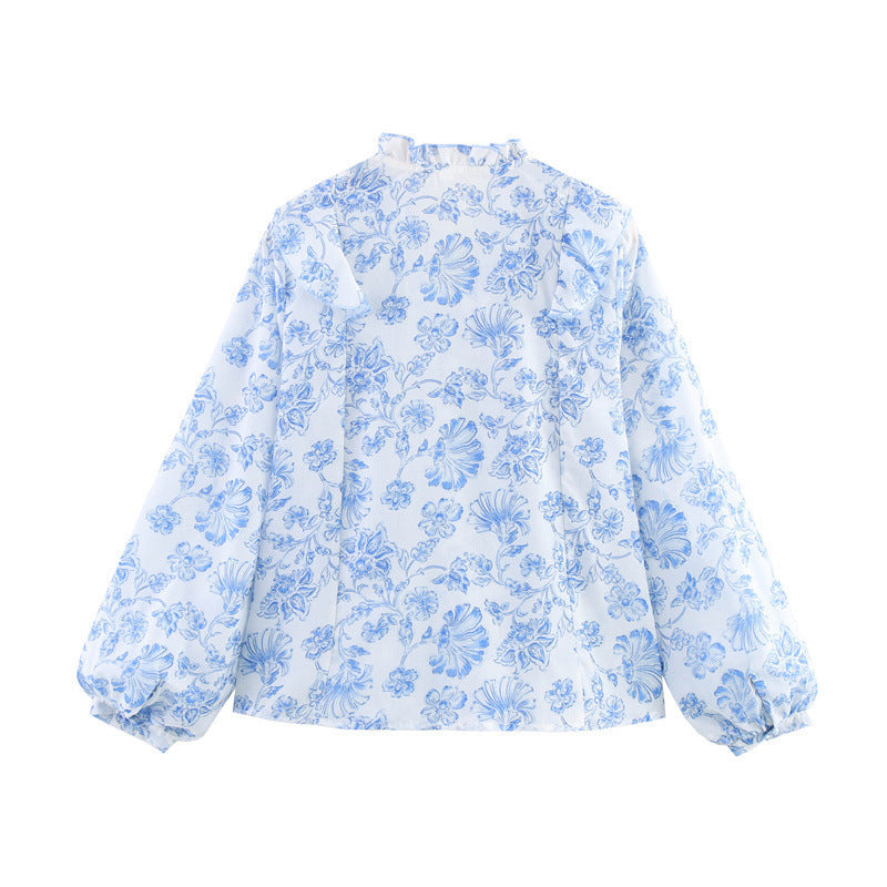 Floral Ruffled And Laminated Decoration Printed Shirt