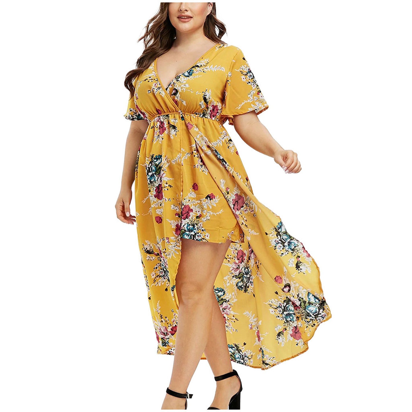 New Women's Loose Slimming V-neckline Flower Print Plus Size Dress