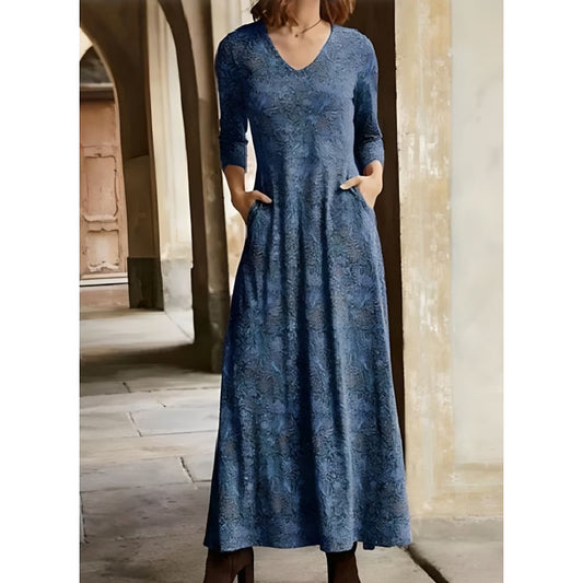 Women's Cotton Printed V-neck Pocket Long Sleeved Dress