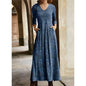 Women's Cotton Printed V-neck Pocket Long Sleeved Dress