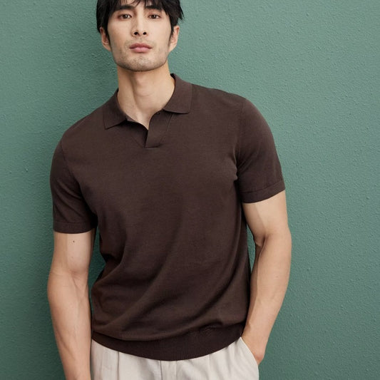 Men's Summer Casual Stylish Solid Color Slim Fit Knit Short Sleeve Lapel Half Sleeve